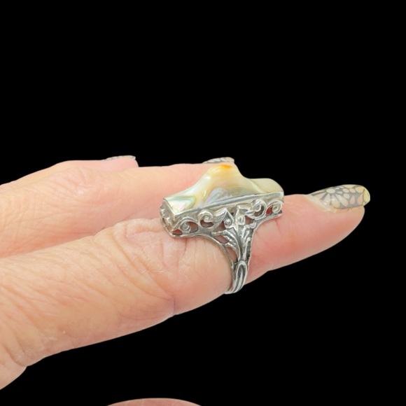 Vintage Art Deco Sterling Rectangular Abalone Blister Pearl Ring - Picture 13 of 14